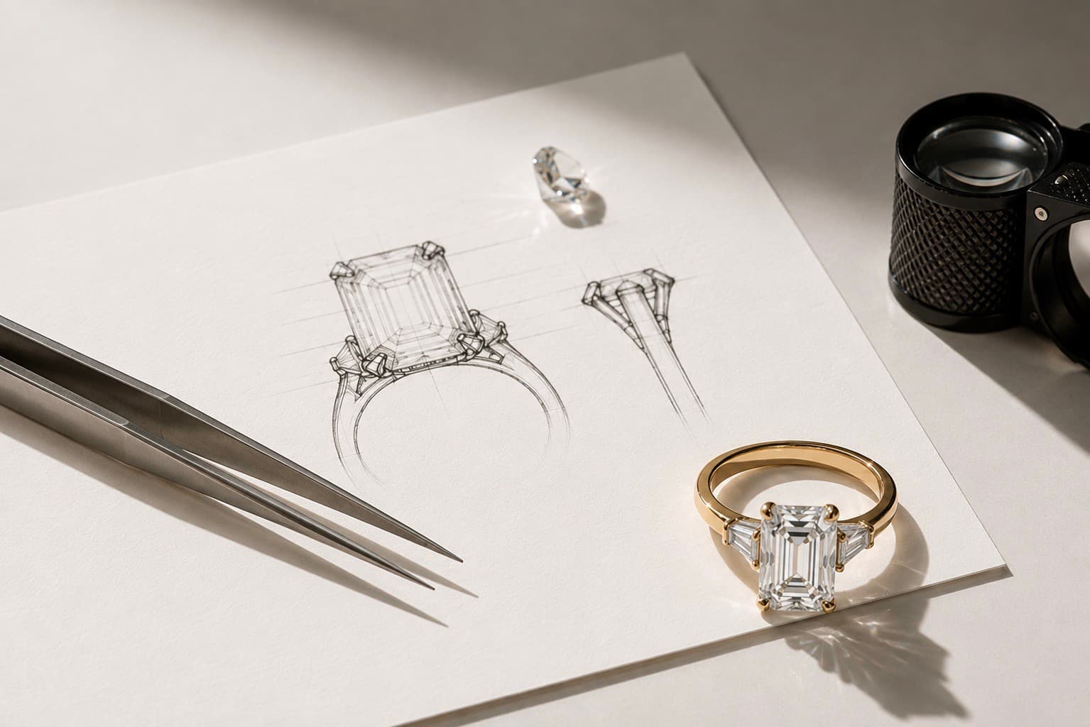 A ring design sketch beside the finished piece