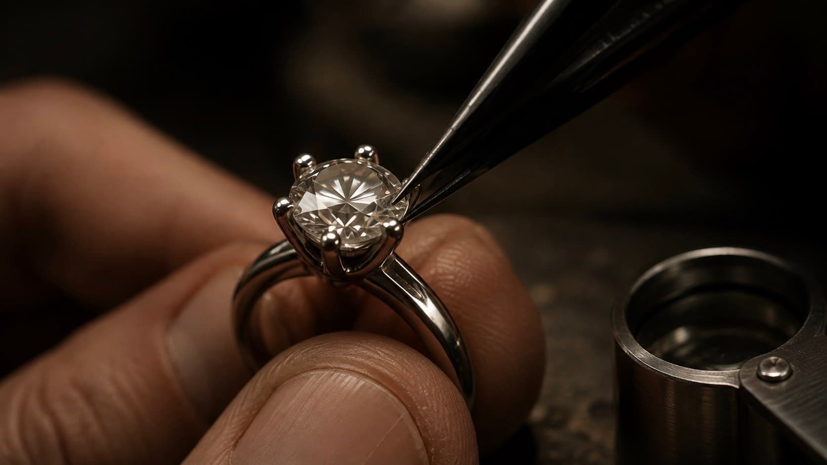 A diamond being set into a ring under magnification