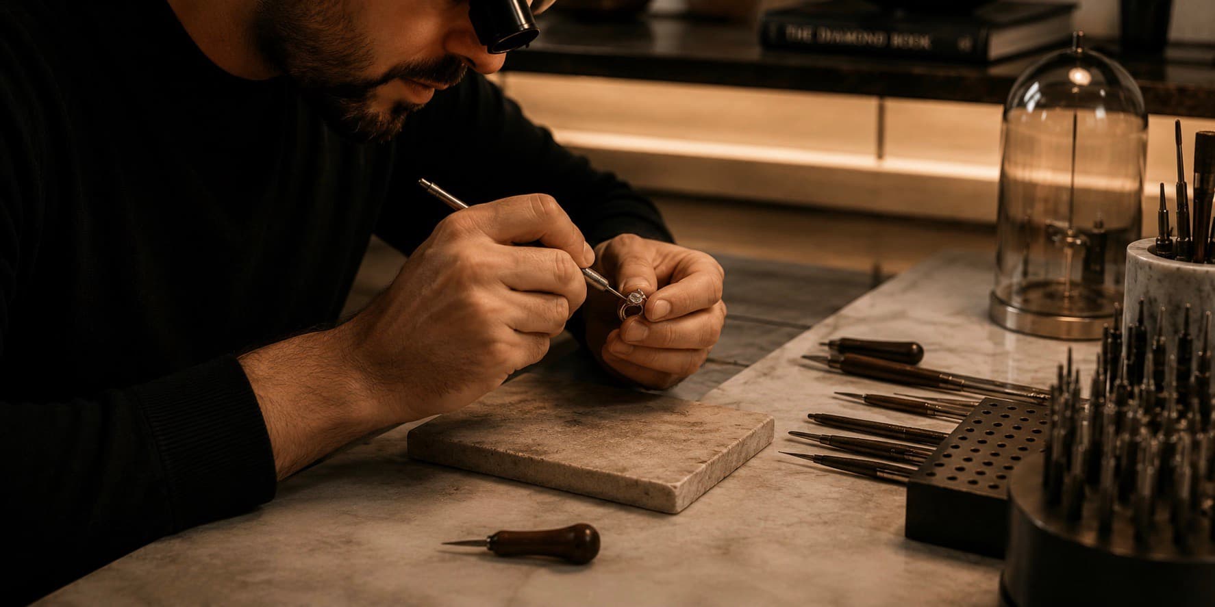 A master jeweler hand-finishing a piece at The Private Jeweler Miami atelier
