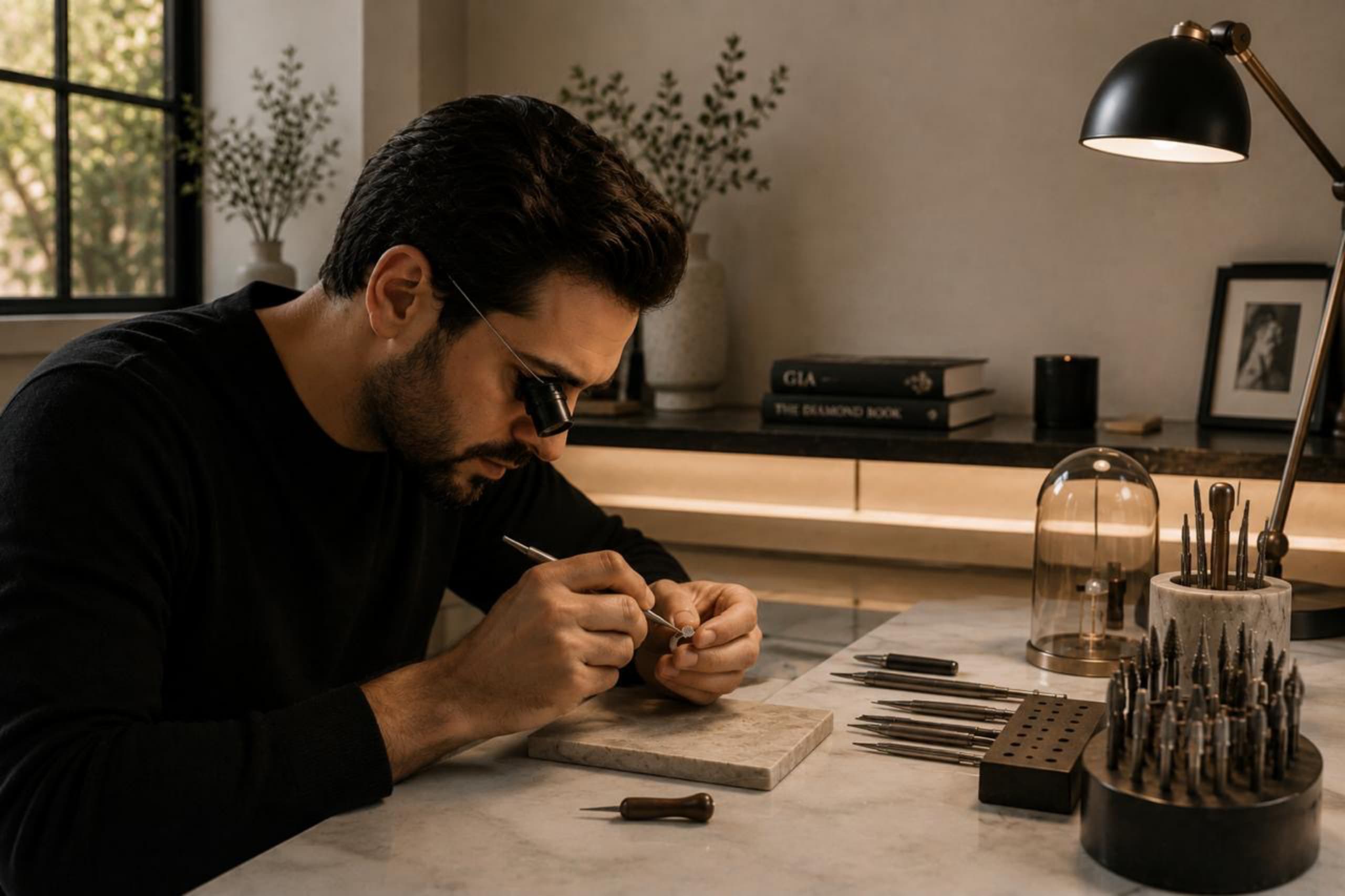 A master jeweler hand-finishing a piece at The Private Jeweler Miami