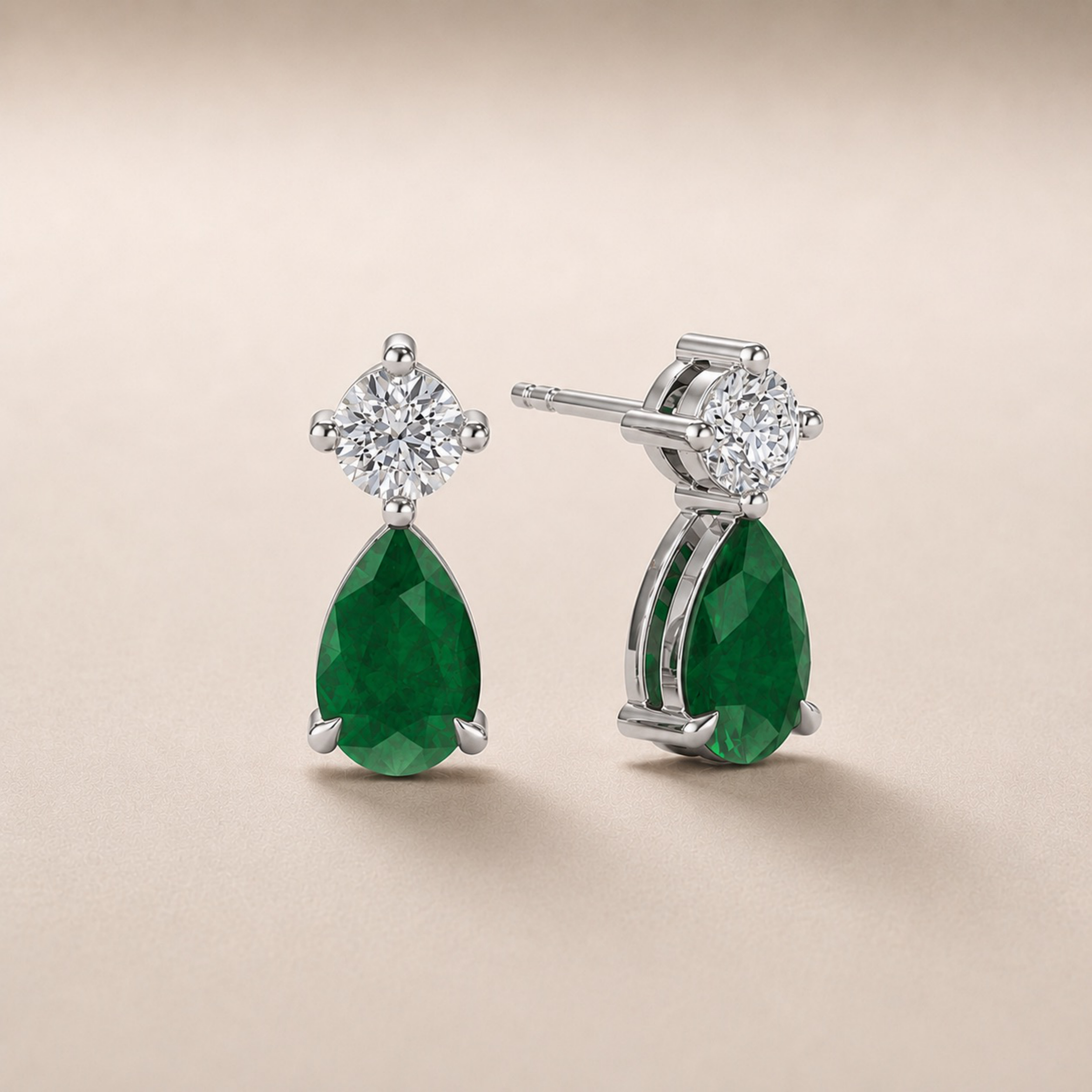 Green Emerald Pear & Round Earrings